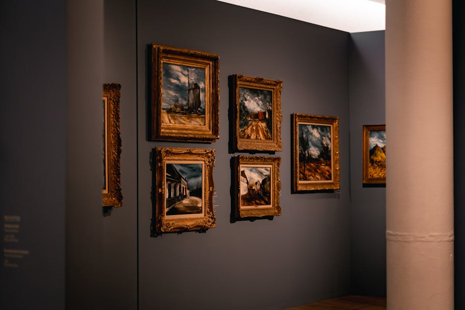 Classical art gallery interior with framed paintings