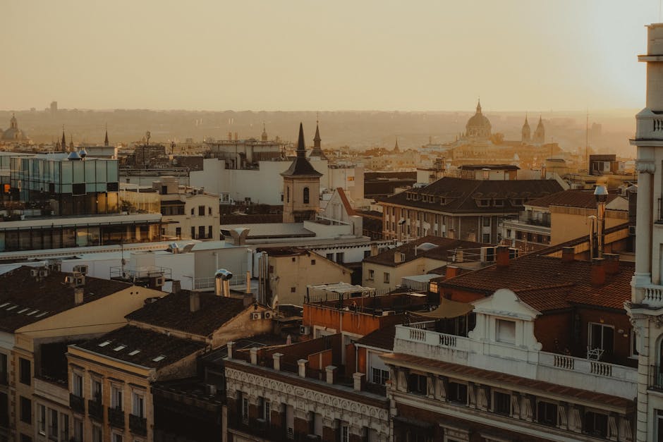 Madrid rooftop skyline panorama at sunset