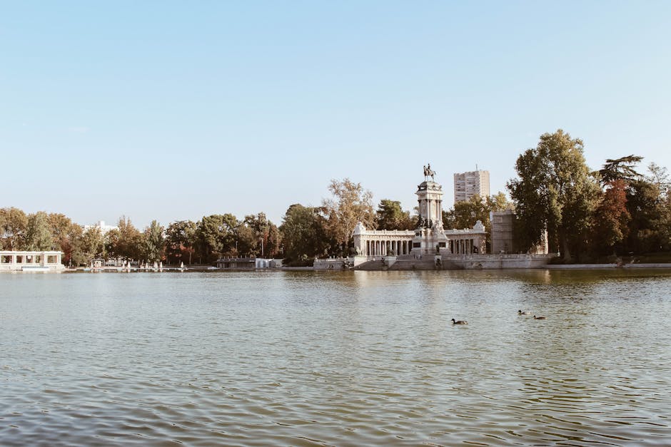 Retiro Park lake and monument to Alfonso XII in Madrid on a sunny day