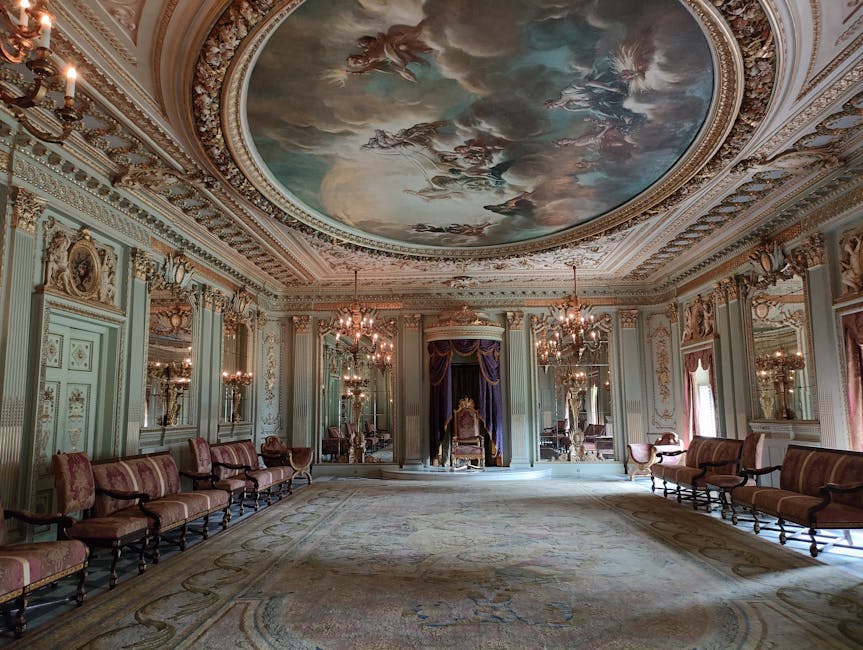Ornate palace interior with chandeliers gilded ceiling and decoration